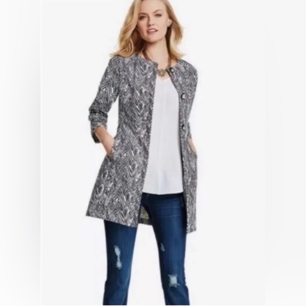CAbi Black & White Patterned Long Blazer